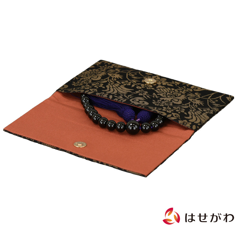 数珠袋 新名物裂 蓋付念珠入れ 黒地茶 紹唐華紋巴 | お仏壇の