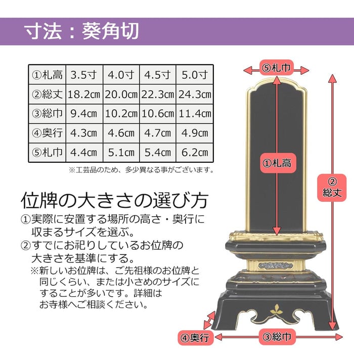 位牌 過去帳 葵角切 K型 4.0寸 総丈20cm 特徴 9
