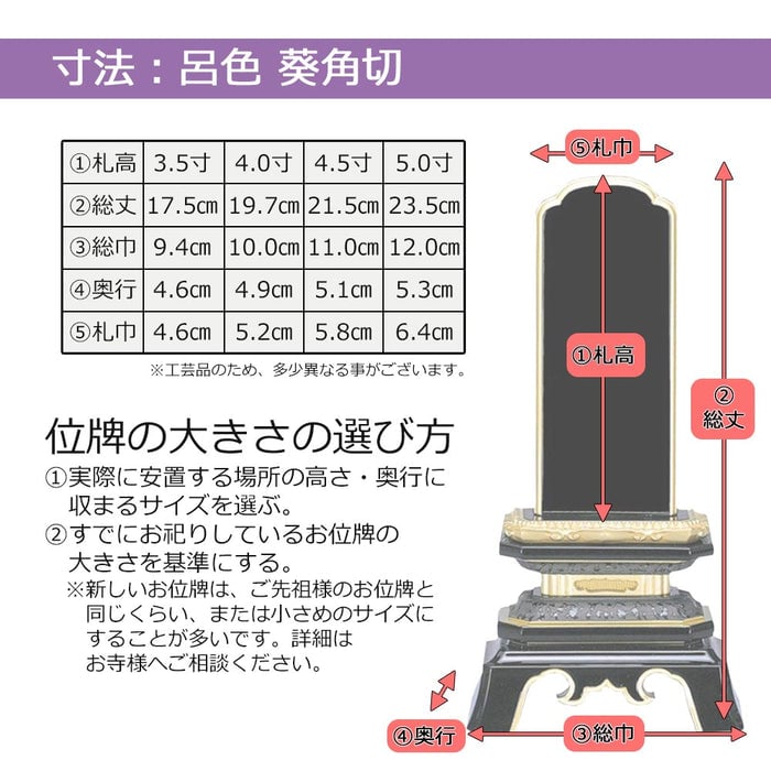 位牌 葵角切 呂色 4.0寸 総丈19.7cm