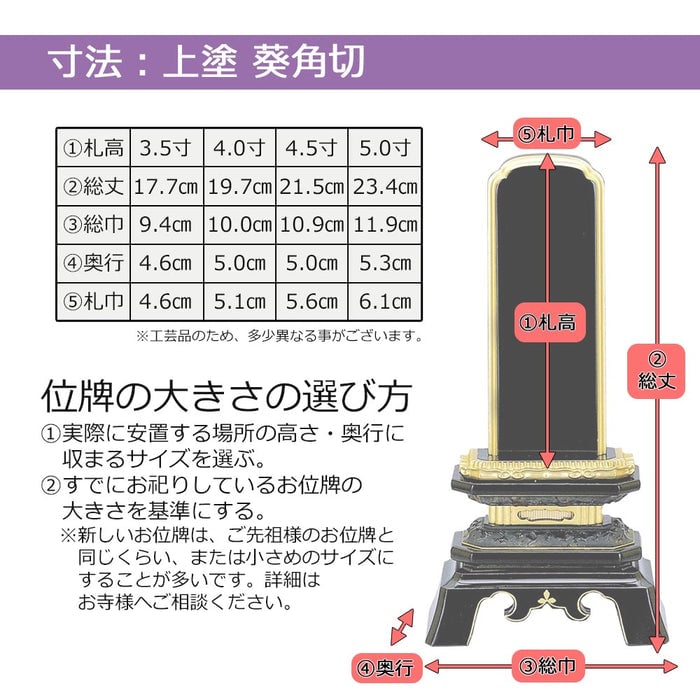 位牌 葵角切 上塗 5.0寸 総丈23.4cm