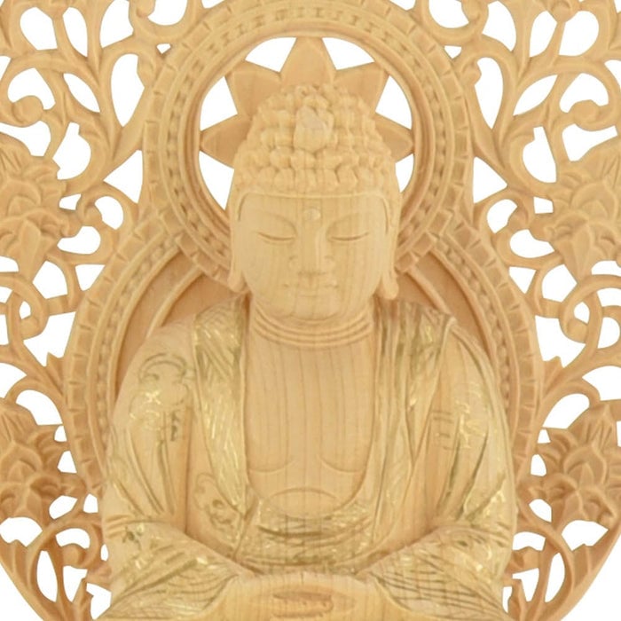仏像 座釈迦 カヤ 丸台 金粉紋様 ２５ 特徴4