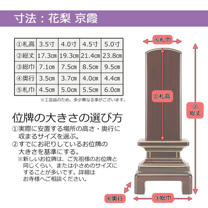位牌 過去帳 京霞 花梨 4.0寸 総丈19.3cm 特徴 9