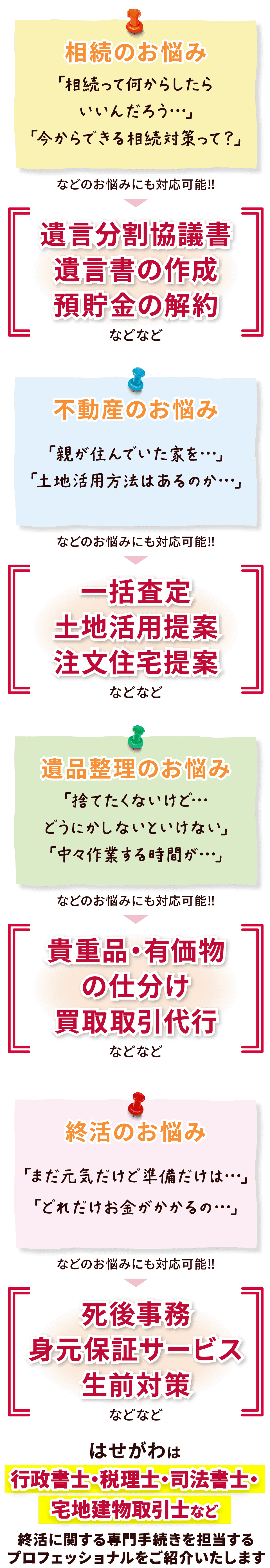 はせがわは行政書士・税理士・司法書士・
宅地建物取引士など終活に関する専門手続きを担当するプロフェッショナルをご紹介いたします