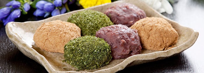 お皿に盛られた色とりどりのおはぎ