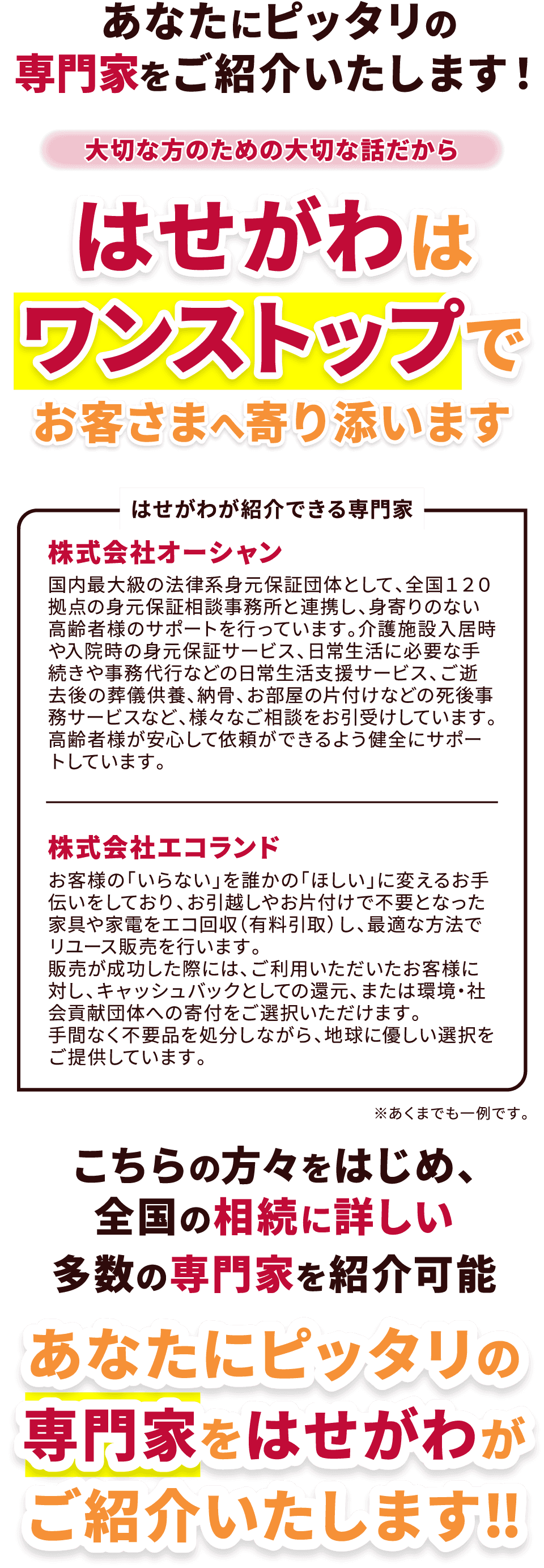 あなたにピッタリの専門家をご紹介いたします!
はせがわはワンストップでお客さまへ寄り添います
はせがわが紹介できる専門家
株式会社オーシャン
株式会社エコランド
あなたにピッタリの専門家をはせがわがご紹介いたします‼